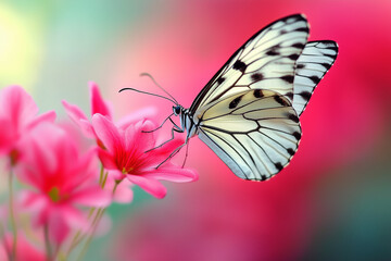 Black and white butterfly perched on pink flower in vibrant setting