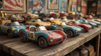 Collection of vintage toy race cars displayed on a wooden shelf in a nostalgic workshop