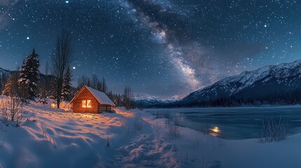 Fototapeta premium Cozy cabin glowing warmly in snowy landscape under breathtaking starry sky and Milky Way, surrounded by mountains and frozen lake, creating peaceful winter night scene.