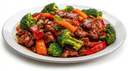 A plate of vegetable stir-fry with broccoli, carrots, and bell peppers on a white isolated background