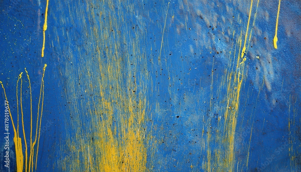 Poster dynamic yellow paint splashes on vibrant blue canvas background for modern abstract art concepts, in