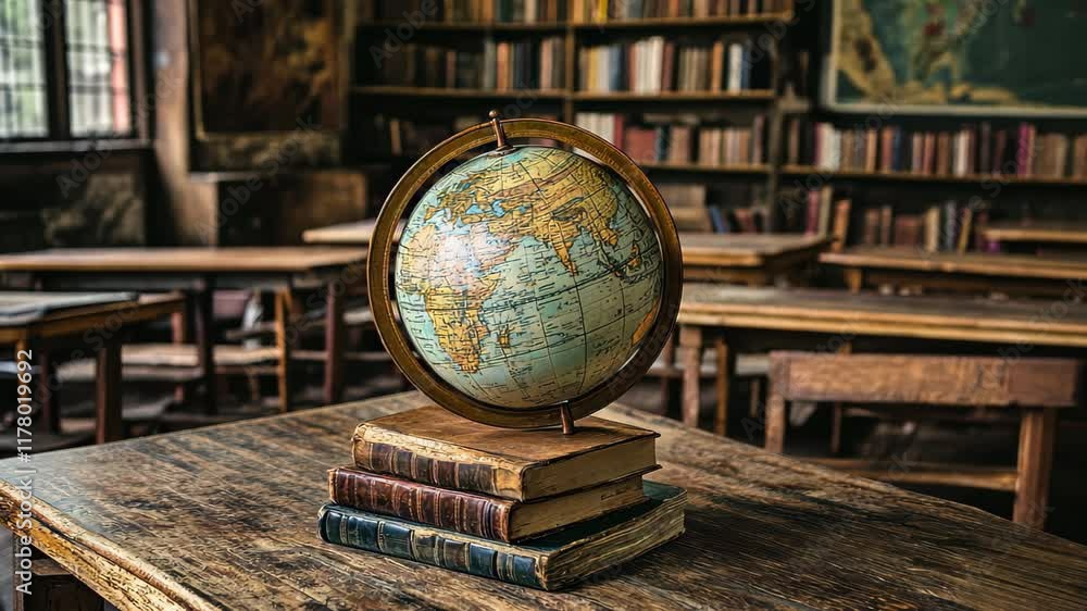 Poster classroom with a globe and books on a wooden table in a cozy library setting during daytime, classro