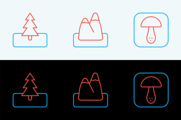 Set line Mushroom, Tree and Mountains icon. Vector