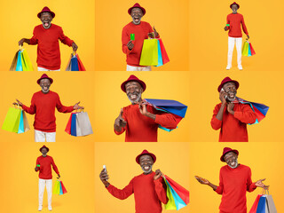 A lively collection of individuals enjoying shopping with vibrant bags during a discount event. Their expressions reflect excitement and satisfaction as they celebrate great deals.