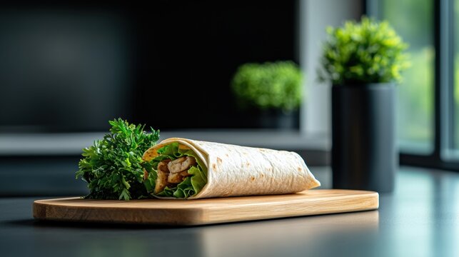 spring kitchen inspiration, tasty wraps on a wooden board in a bright, modern kitchen with spring-inspired decorations and an open layout