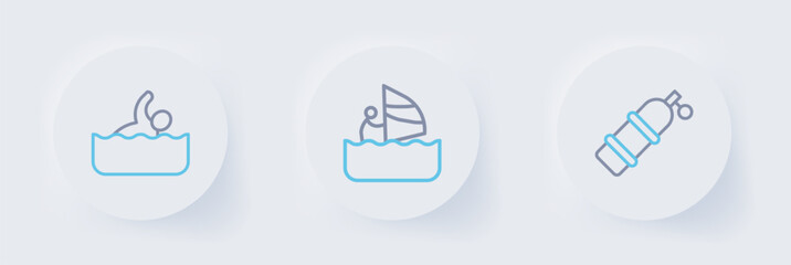 Set line Aqualung, Windsurfing and Swimmer icon. Vector