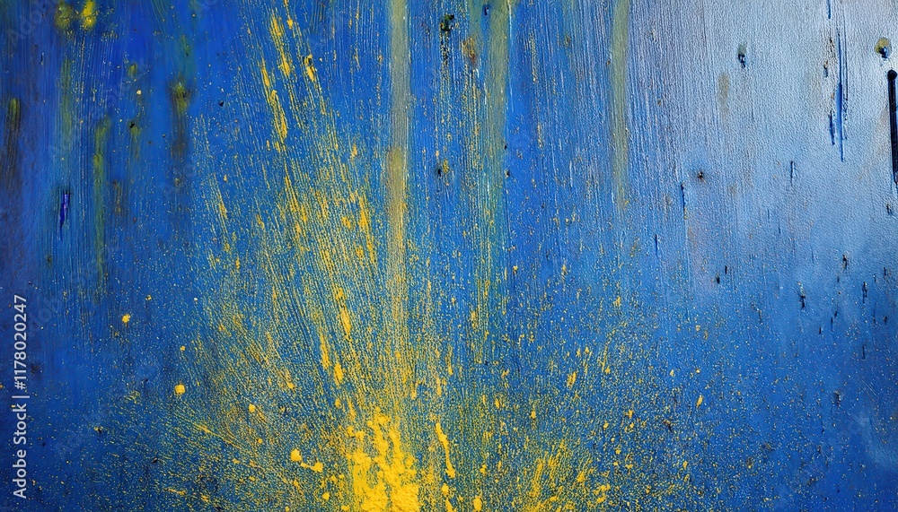 Poster dynamic yellow paint splashes on vibrant blue canvas background for modern abstract art concepts, in