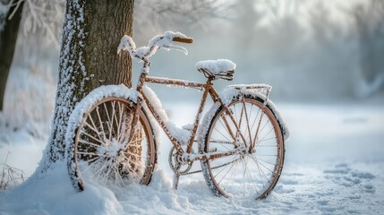  Rusted bicycle covered with snow leaning against tree in peaceful winter landscape, with frost-covered ground and serene, cold atmosphere reflecting stillness of the season.