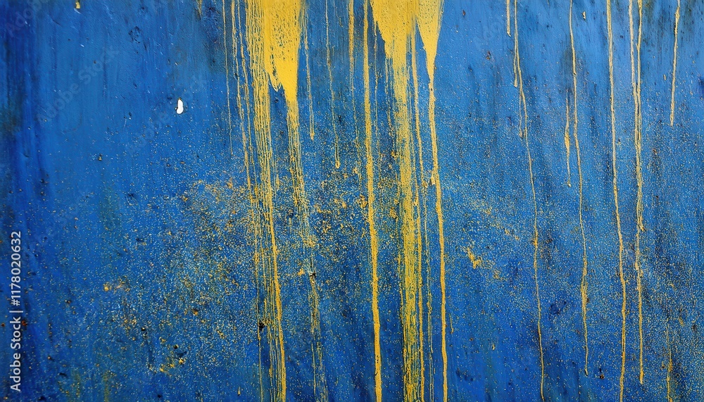 Poster dynamic yellow paint splashes on vibrant blue canvas background for modern abstract art concepts, in
