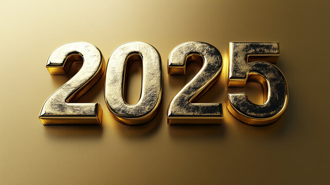 Shiny metallic black numbers "2025" placed on a golden gradient background, with copy space for text