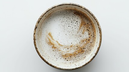 A cup of freshly brewed cappuccino with foam art on a white isolated background