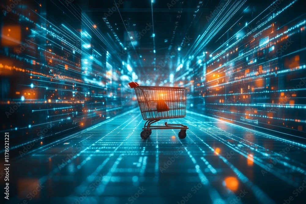 Poster futuristic smart retail solutions shopping cart in a data driven environment with glowing lines
