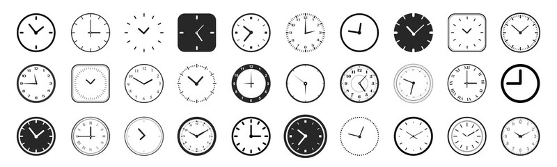 Clock icon set. Time and clock symbol collection. Black silhouettes in flat style. JPG image