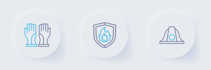 Set line Firefighter helmet, protection shield and gloves icon. Vector