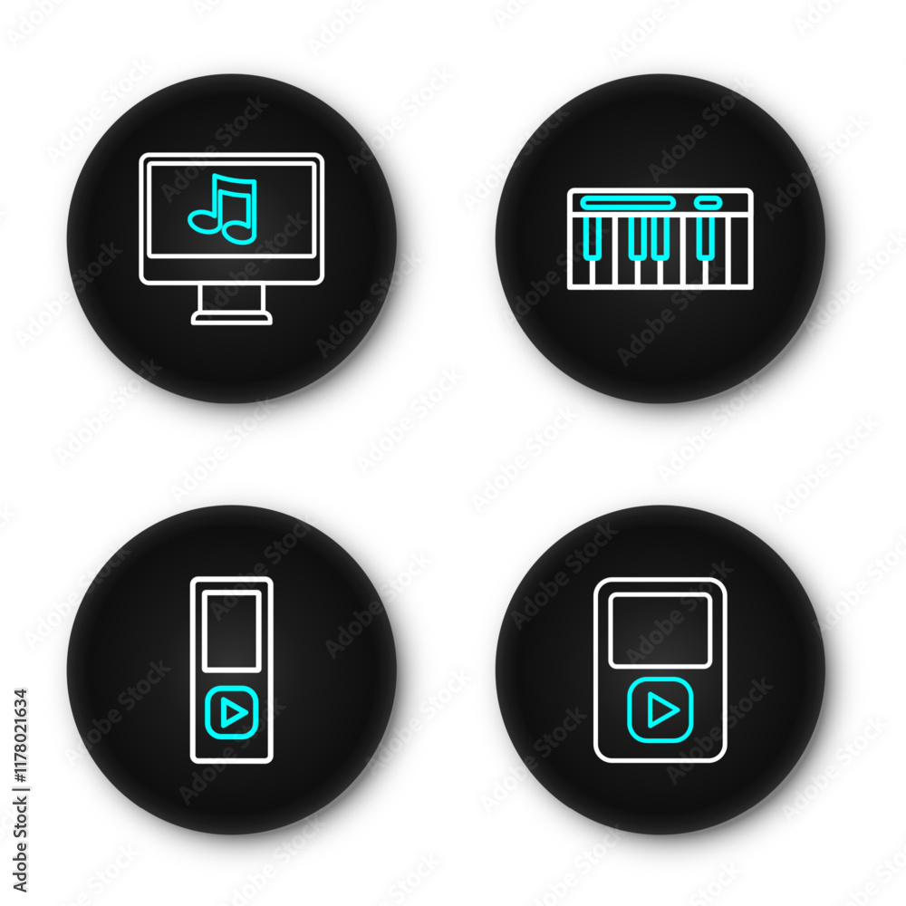 Aufkleber set line music player, synthesizer and computer with music note icon. vector