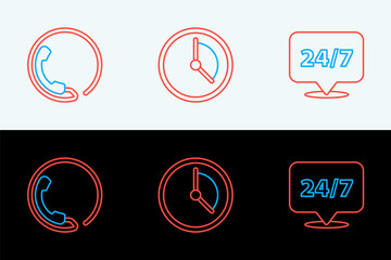 Set line Clock 24 hours, Telephone support and Time Management icon. Vector
