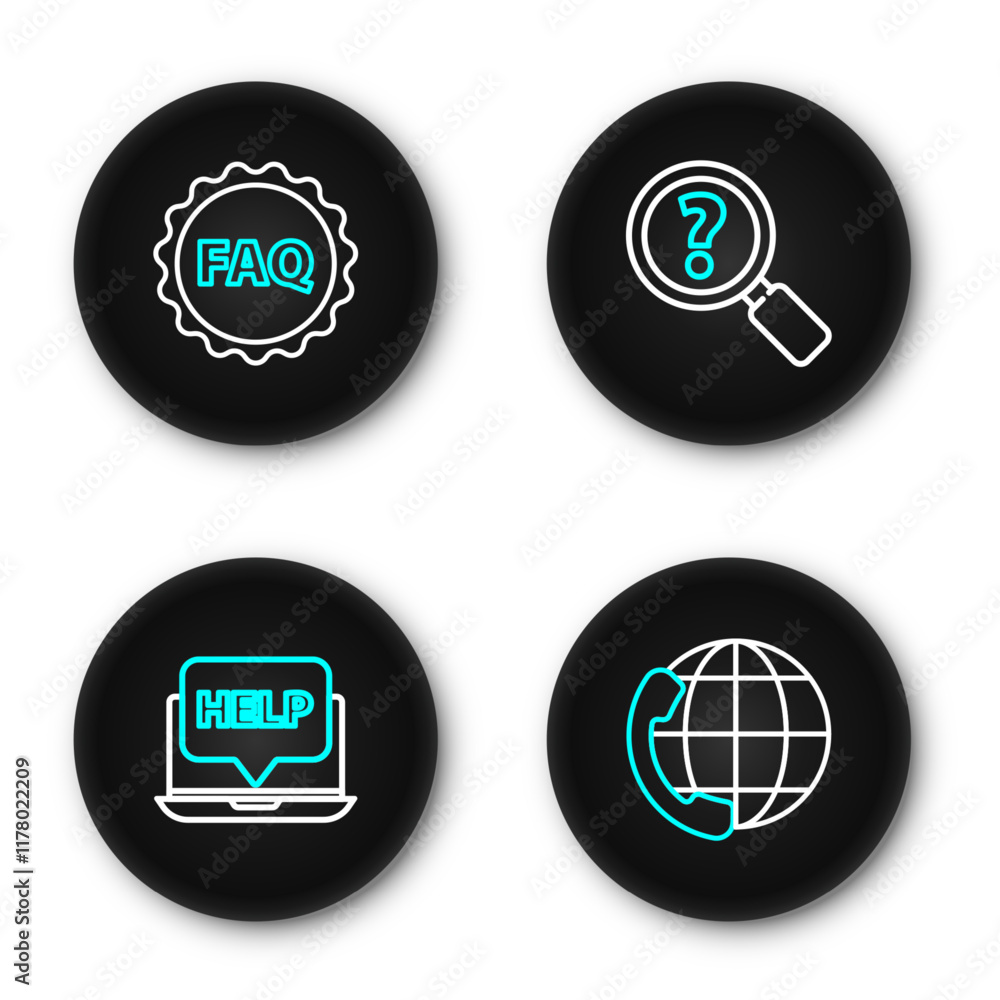 Poster set line telephone 24 hours support, laptop and help, unknown search and label with text faq icon. v