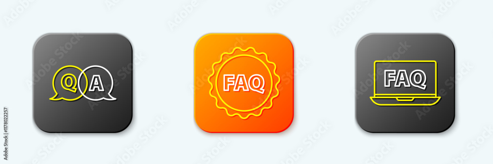 Poster set line question and answer, label with text faq and laptop icon. vector