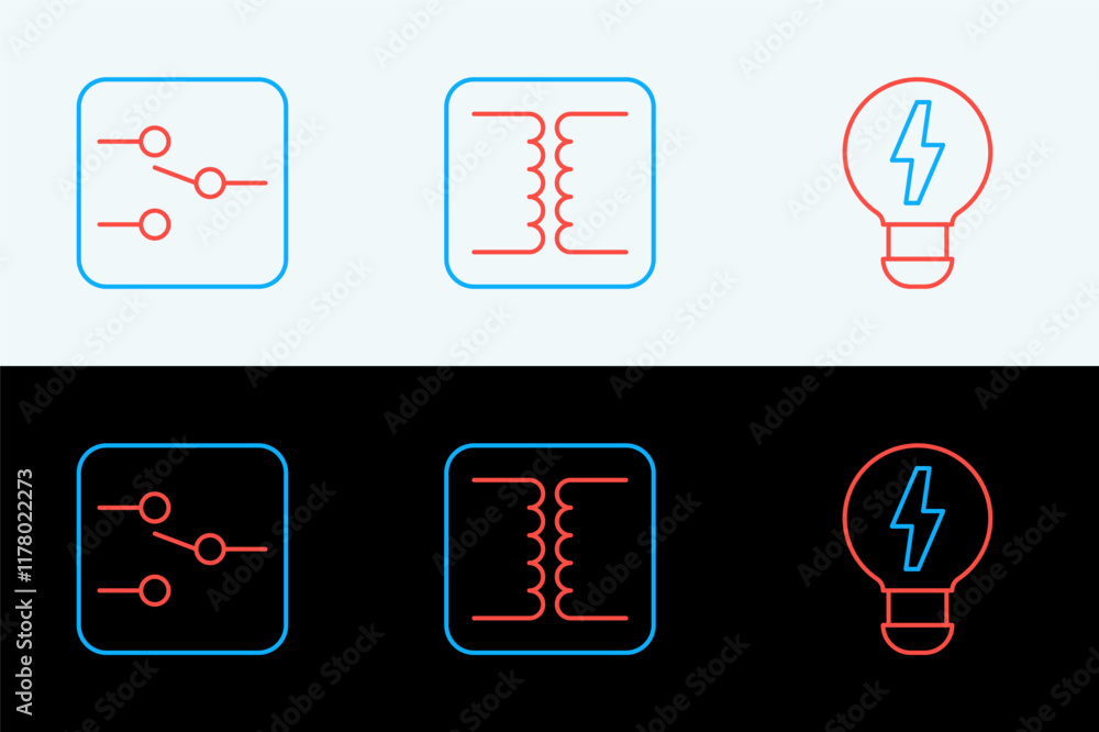 Poster set line creative lamp light idea, switch in electronic circuit and electrical transformer icon. vec