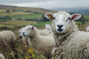 Fototapeta premium A group of sheep relaxing in a lush green grassy area