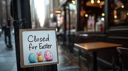  Minimalist "Closed for Easter" sign displayed on a coffee shop door, featuring simple black text on a plain white sheet of paper, conveying a clear holiday notice.