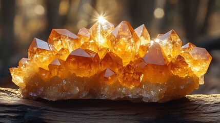 Golden Quartz Cluster Sunlit Display on Wood