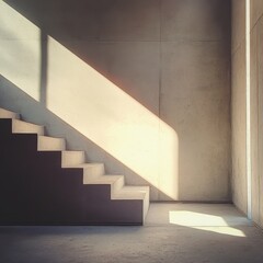Sunlit concrete staircase in modern building interior.