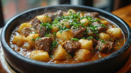 Steaming Beef Stew with Potatoes and Herbs