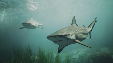Obraz premium Two sharks gliding through the ocean waters, great for underwater scenes or aquatic themed projects