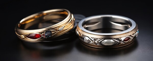 Elegant gold and silver wedding bands featuring colorful gemstones displayed on a dark backdrop