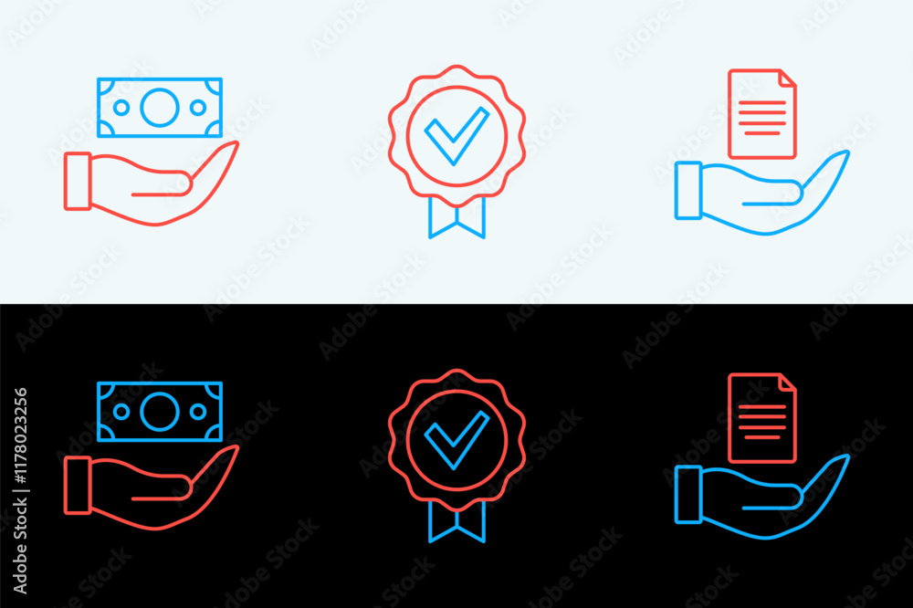 Poster set line contract in hand, money with shield and approved check mark icon. vector