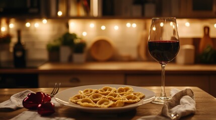 Fototapeta premium romantic dinner setting, valentines dinner setup small table for two with heart-shaped ravioli, red wine, in a warm, cozy kitchen