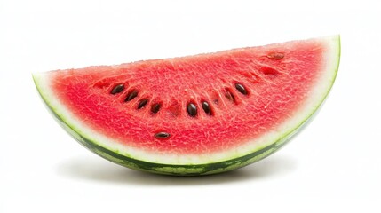 A juicy watermelon slice with seeds and bright red flesh on a white isolated background