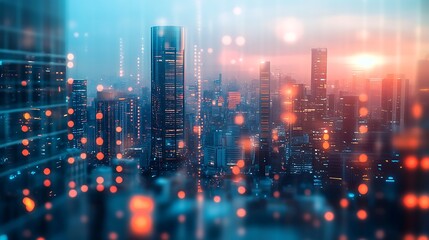 Fototapeta premium A Cityscape with Skyscrapers and Blurry Lights at Sunset