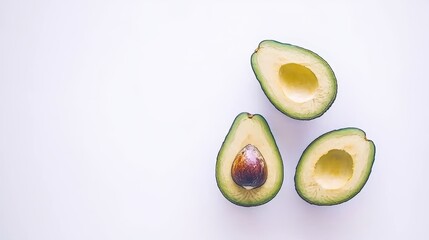A ripe avocado cut in half with the pit visible on a white isolated background