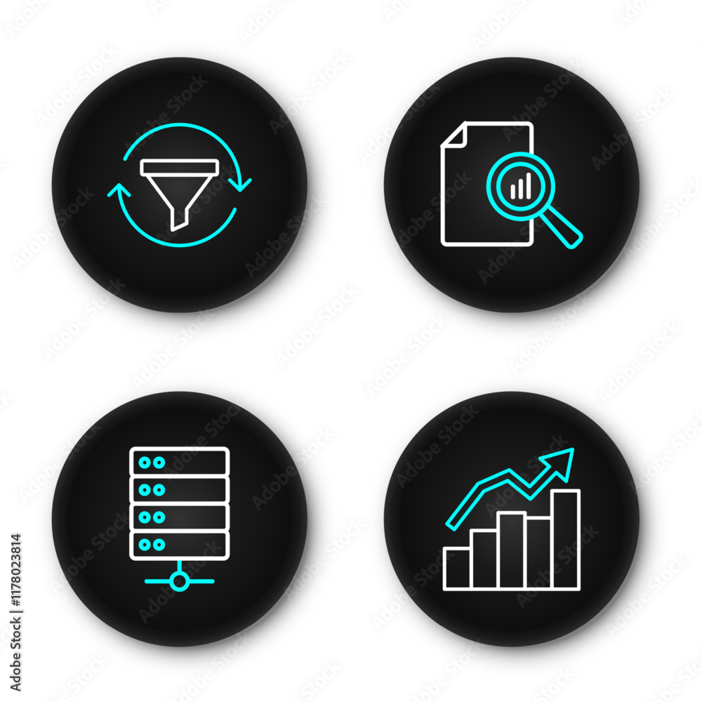 Poster set line financial growth, server, document with graph chart and sales funnel icon. vector