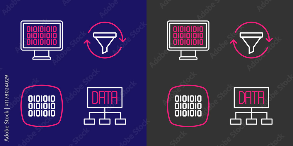 Poster set line data analysis, binary code, sales funnel with chart and icon. vector