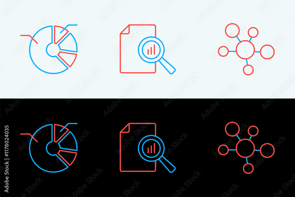 Poster set line mind map infographic, pie chart and document with icon. vector