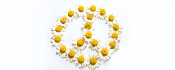 Obraz premium Daisy flowers arranged in peace symbol design on white background for a message of harmony and tranquility