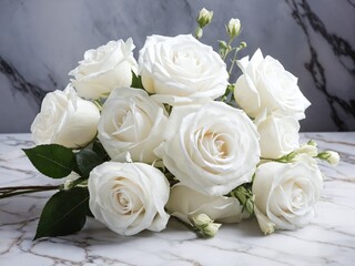 Obraz premium Elegant arrangement of fresh white roses on a marble surface in natural light