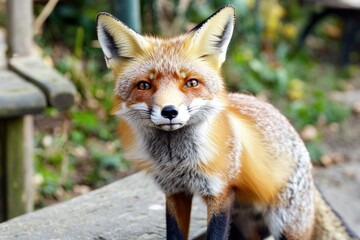 Fototapeta premium A close-up photo of a red fox sitting on a bench, looking directly at the camera