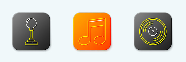 Set line Joystick for arcade machine, Music note, tone and Vinyl disk icon. Vector