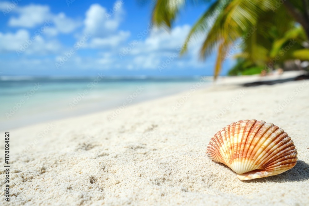 Poster a shell on a sandy beach with palm trees in the background