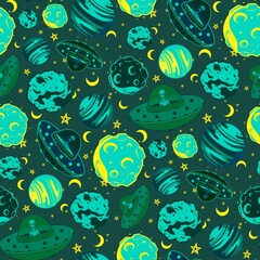 Seamless repeating space elements pattern on dark background.