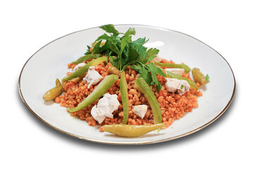 Bulgur pilaf dish with tomato paste garnished with greens, 
cracked wheat, Middle Eastern style, local name: tavern pilaf - meyhane pilavı - white background