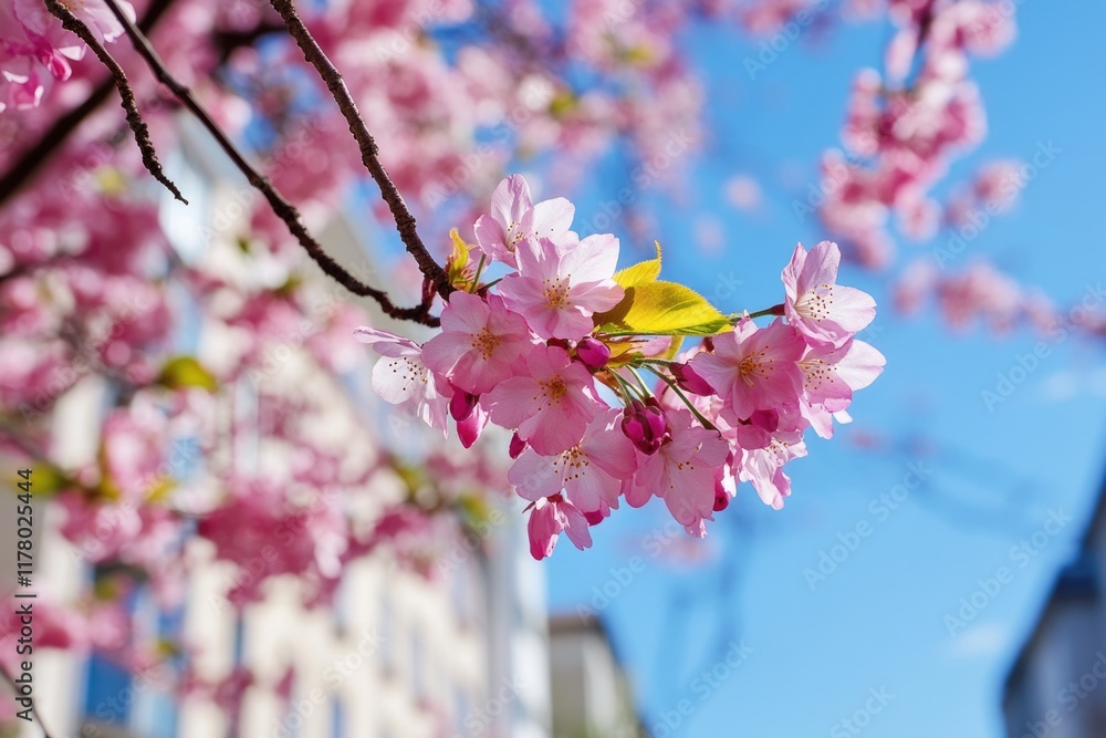 Poster A close-up of a tree with bright pink flowers, perfect for garden or nature-themed projects