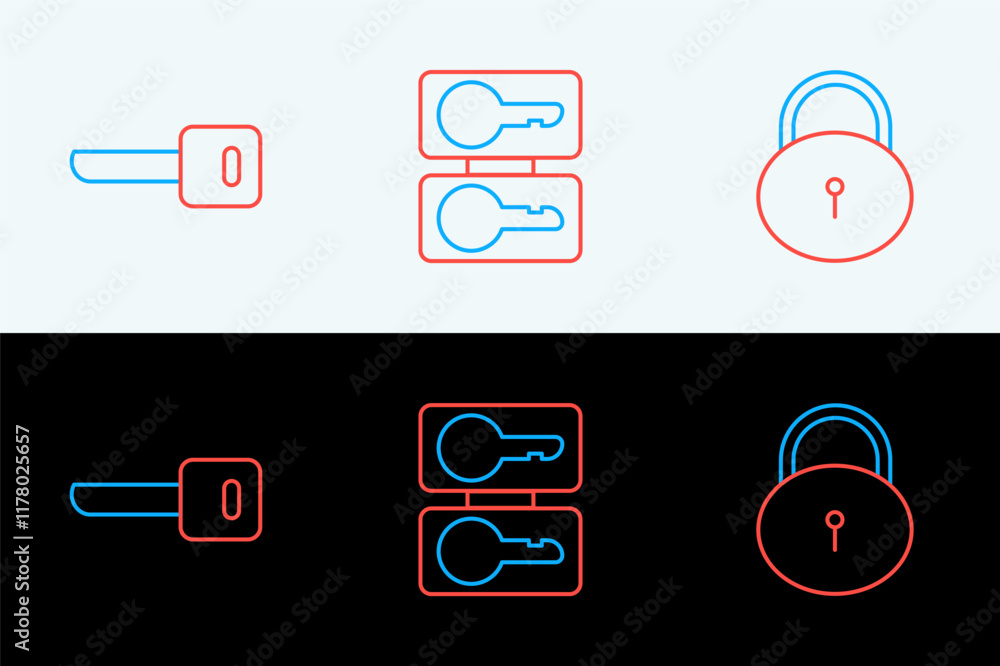 Poster set line lock, key and casting keys icon. vector