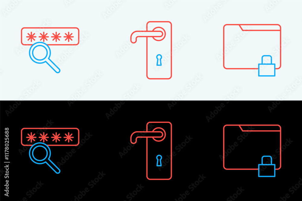 Poster set line folder and lock, password protection and door handle icon. vector