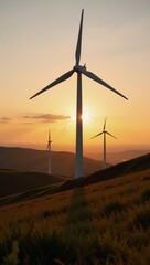 Obraz premium Wind turbines spin on a hilltop as the sun sets symbolizing sustainable energy and beauty in a landscaped vista of farmland
