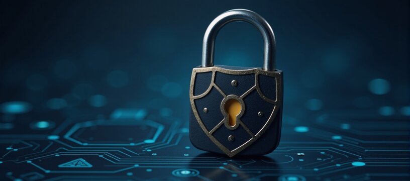 A dark futuristic cyber security concept features a secure internet protection shield against a blue backdrop of advanced technology